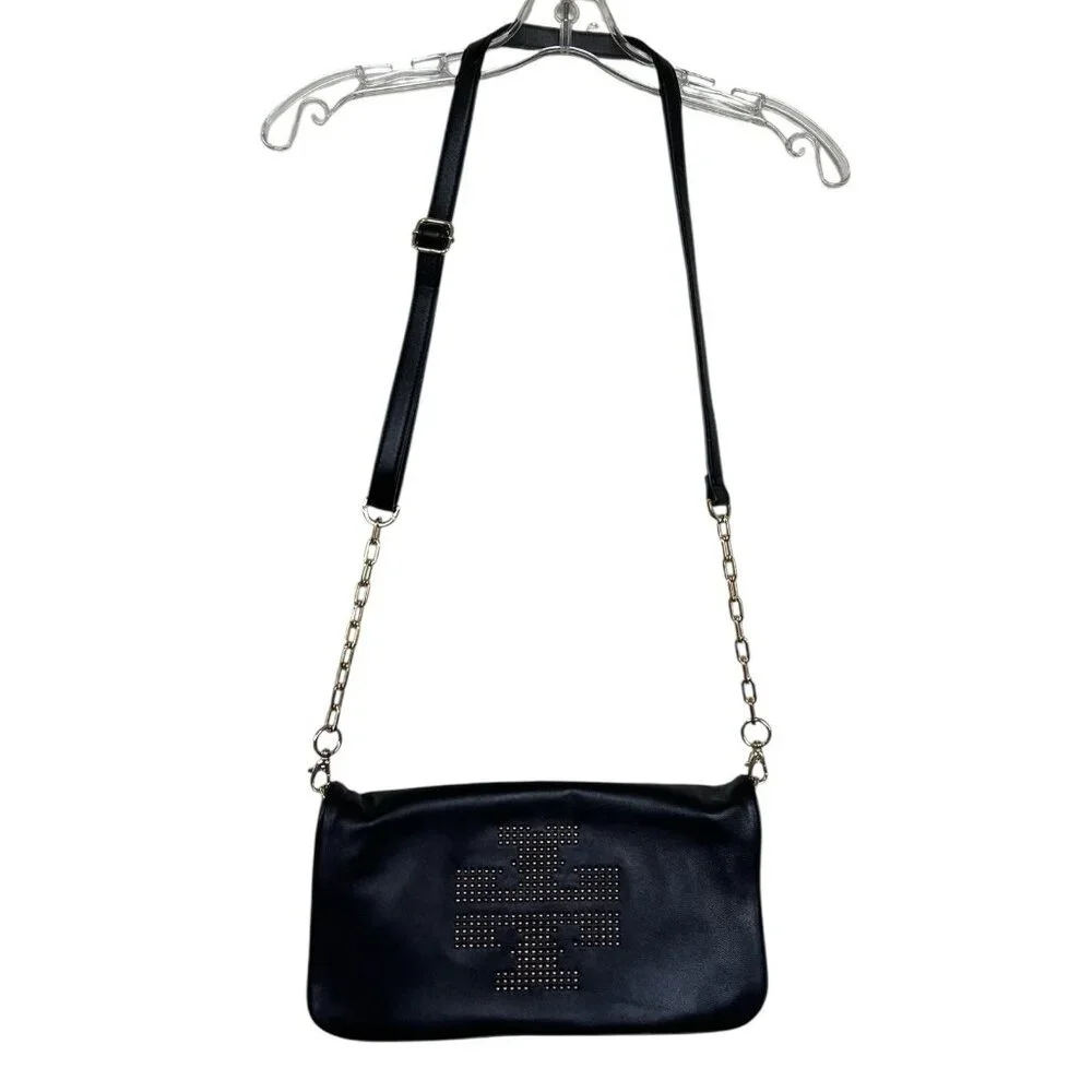 Tory Burch Crossbody Womens Bag‎ Purse Black Hold Chain Studded With Dust Bag